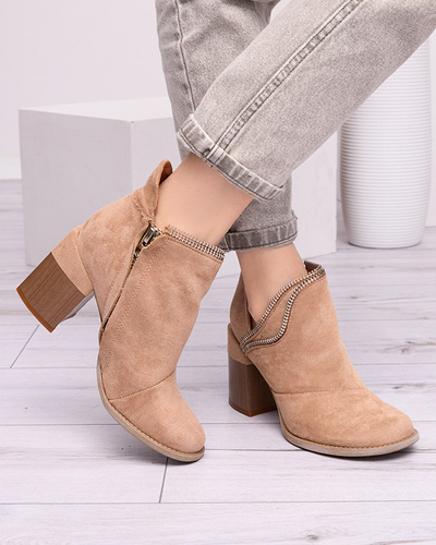 Royalfashion Jasnobrązowe damskie ocieplane botki na słupku Mukis