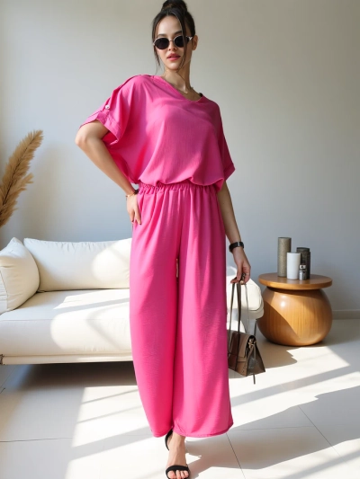 Royalfashion Ženski casual set s kratkimi rokavi in širokimi hlačami