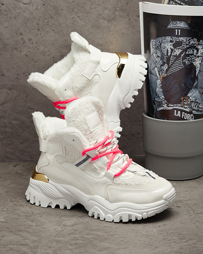 Royalfashion Białe sportowe buty damskie z futerkiem i neonowymi różowymi sznurówkami Sagglo