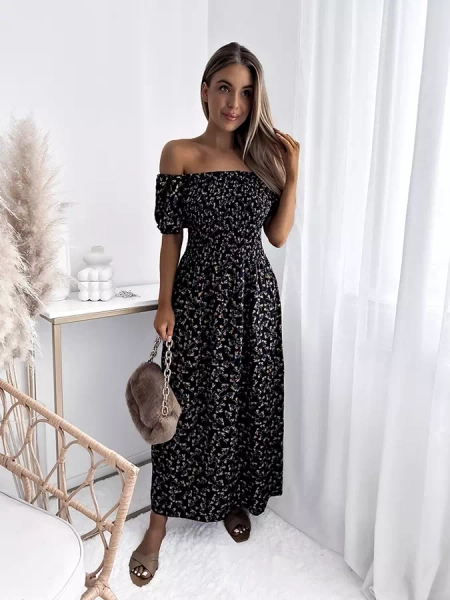 Royalfashion Kwiecista czarna damska sukienka midi