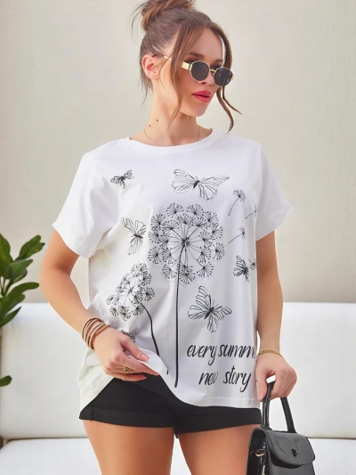 Royalfashion Ženska bombažna majica z regratovimi cvetovi in metuljem