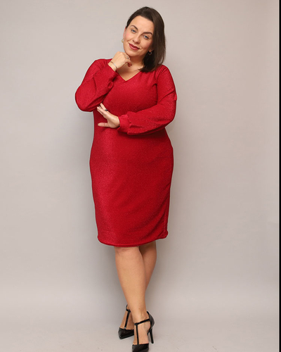 Royalfashion Bleščeča ženska obleka pred koleni v rdeči barvi PLUS SIZE