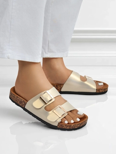 Ženski sandali Royalfashion Aurelia gold – ravni natikači iz eko usnja (velikost 39)