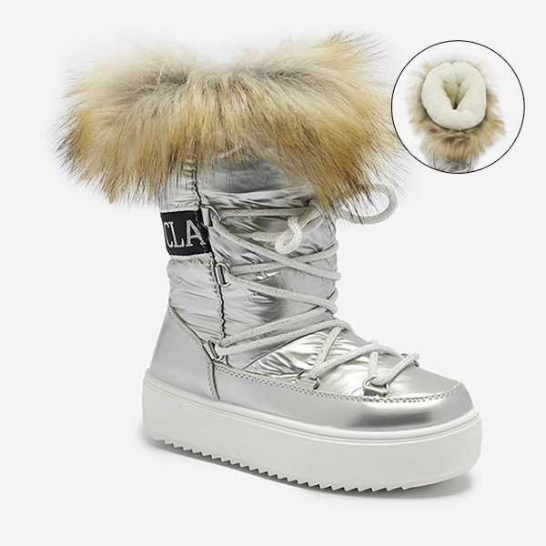 Royalfashion Srebrne dziecięce wsuwane buty a'la śniegowce z futerkiem Asika