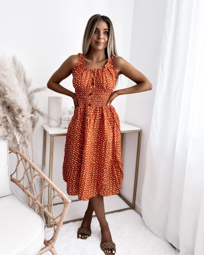 Royalfashion Sukienka damska za kolano z printem w kolorze pomarańczowym