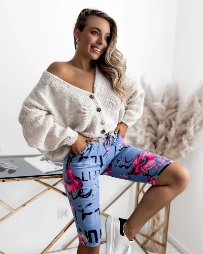Royalfashion Modro-rožnate ženske kratke hlače s 3/4 potiskom PLUS SIZE