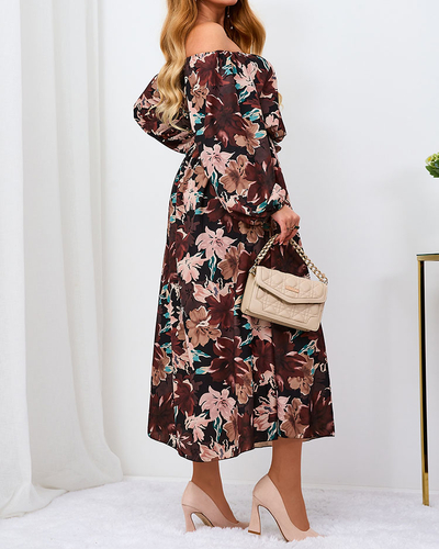Royalfashion Črno-rjava cvetlična maksi obleka za ženske