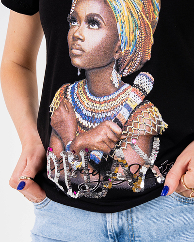 Royalfashion Czarny damski t-shirt z kolorowym printem i cekinami