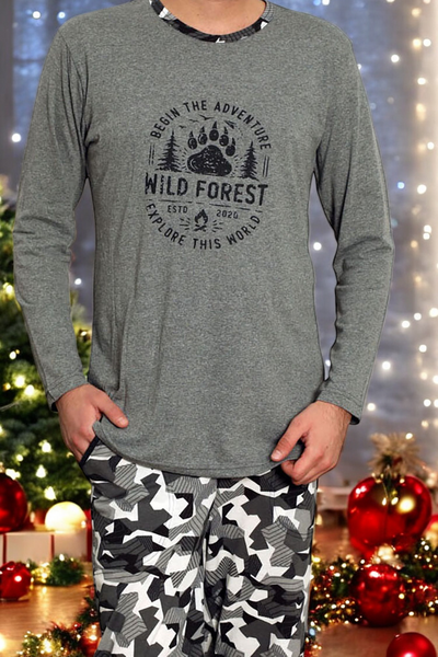 Granatowa męska piżama ze spodniami w kratę- Odzież