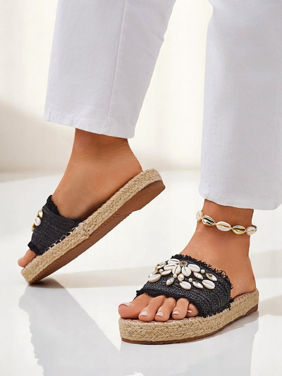 Ženski sandali Royalfashion Helena Decor črni espadrile s školjkami
