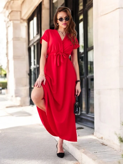 Royalfashion Ženska midi obleka z ovitim dekoltejem, kratkimi rokavi in pasom
