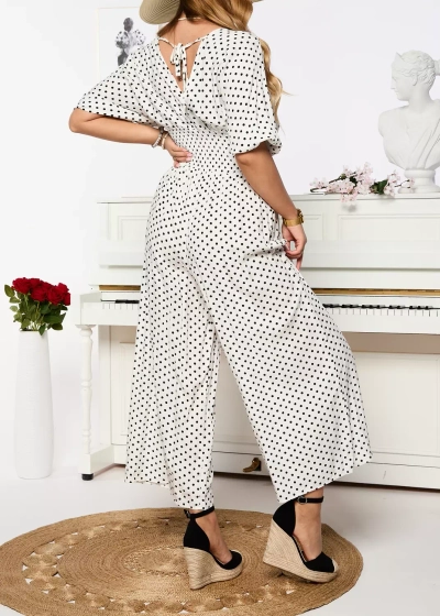 Royalfashion Biały długi kombinezon damski w groszki