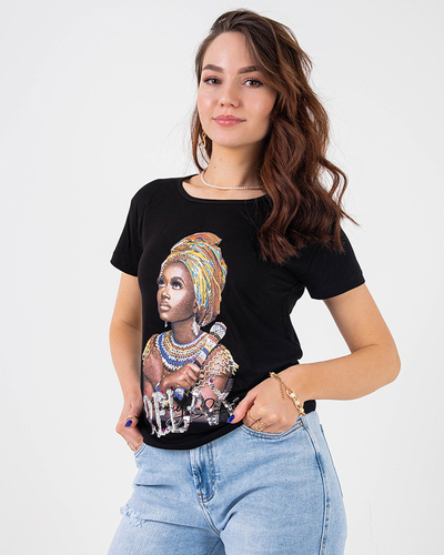 Royalfashion Czarny damski t-shirt z kolorowym printem i cekinami
