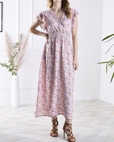 Royalfashion Różowa damska sukienka midi w kwiaty