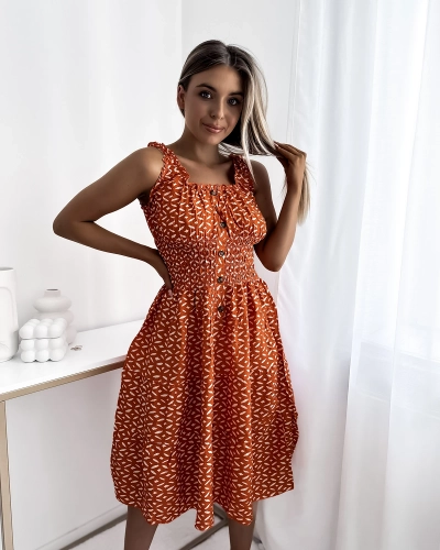 Royalfashion Sukienka damska za kolano z printem w kolorze pomarańczowym