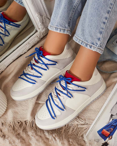 Royalfashion Biało - szare sportowe sneakersy damskie z granatowymi sznurówkami Olierinc