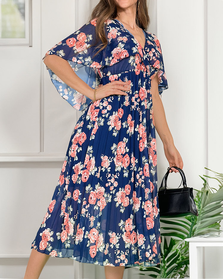 Royalfashion Ženska plisirana cvetlična midi obleka