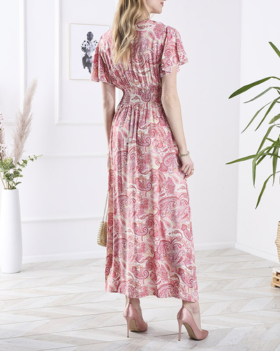 Royalfashion Wzorzysta różowa damska sukienka midi
