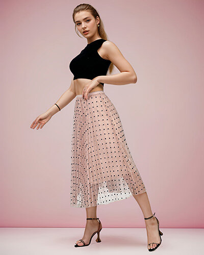 Royalfashion Žensko dvoslojno polka dot midi krilo