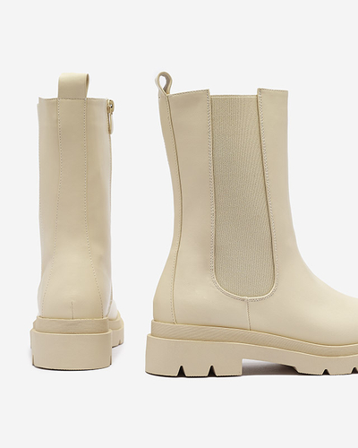 Royalfashion Beżowe damskie wysokie botki na płaskim obcasie Vedesa