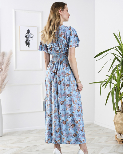 Royalfashion Niebieska damska długa sukienka w kwiaty