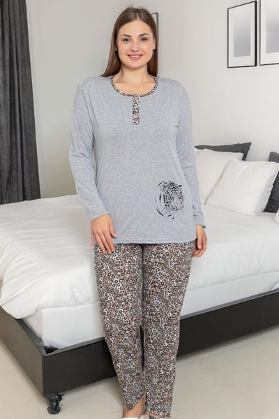 Royalfashion Sive ženske 2-delne pajamas z motivom leoparda VELIKOST PLUS