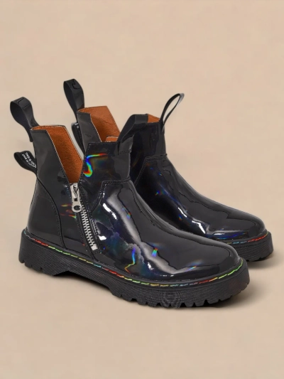 Czarne lakierowane botki damskie z suwakiem Odeta - Obuwie