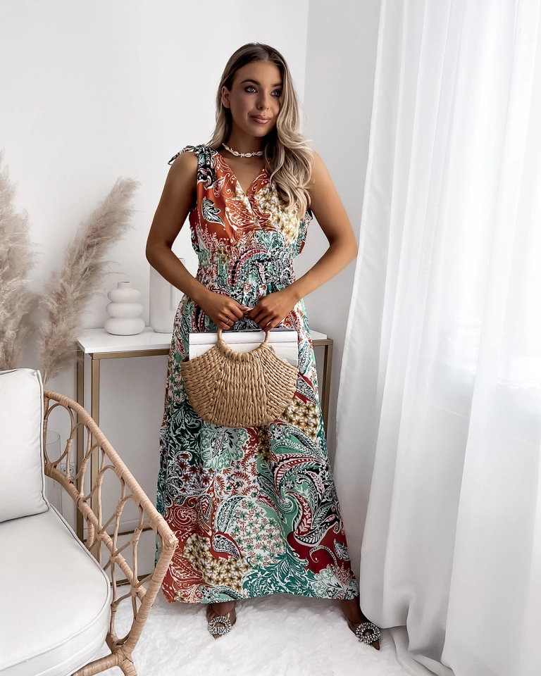 Royalfashion Wzorzysta zielono - pomarańczowa damska sukienka