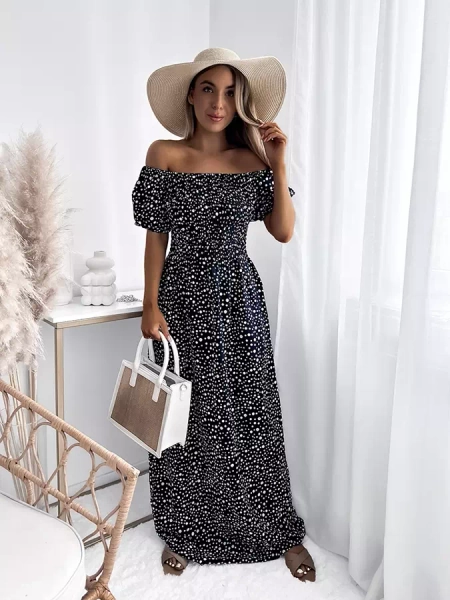 Royalfashion Granatowa sukienka damska maxi w groszki