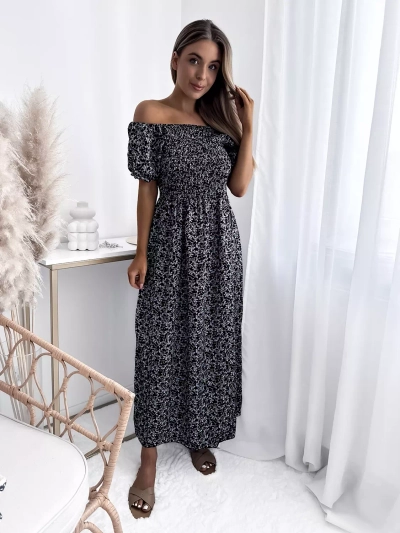 Royalfashion Czarna damska sukienka midi w kwiaty