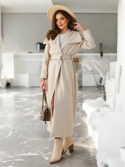 Royalfashion Ženski maxi plašč s pasom