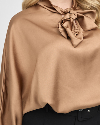 Royalfashion Damska brązowa długa satynowa bluzka z wiązaniem