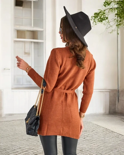 Royalfashion Brązowy damski wiązany kardigan z kolorowymi kółkami