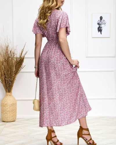 Royalfashion Kwiecista damska różowa sukienka midi