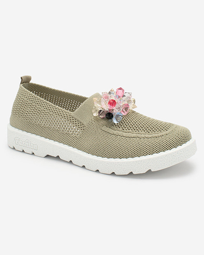 Royalfashion Khaki damskie materiałowe półbuty z kryształkami Fezens