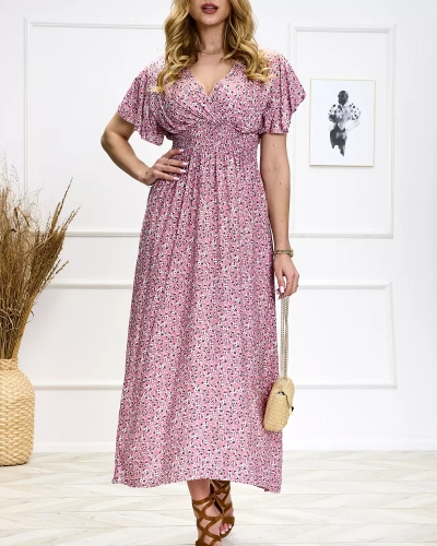 Royalfashion Kwiecista damska różowa sukienka midi