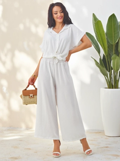 Royalfashion Ženski set z zavezanimi kratkimi rokavi in razširjenimi hlačami z diamanti