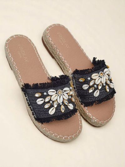 Ženski sandali Royalfashion Helena Decor črni espadrile s školjkami