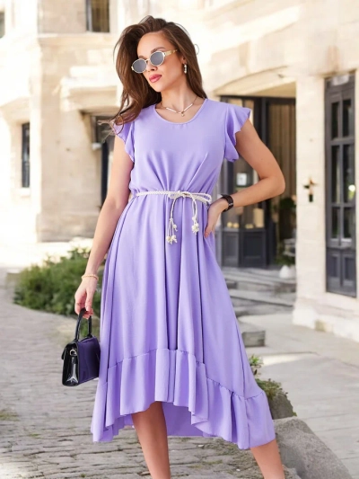 Royalfashion Ženska midi obleka z volančki in kratkimi rokavi