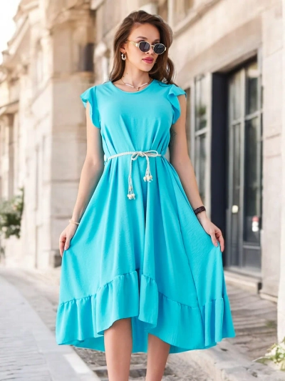 Royalfashion Ženska midi obleka z volančki in kratkimi rokavi