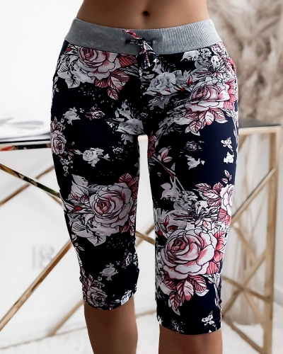 Royalfashion Ženske 3/4 kratke hlače mornarsko modre in koralne barve s cvetličnim vzorcem PLUS SIZE