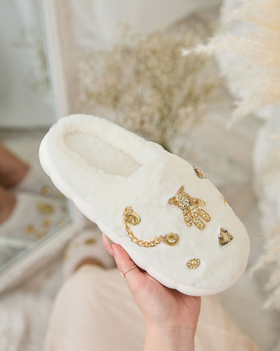 Royalfashion Beli ženski krzneni copati z okraski Erserra