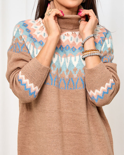 Royalfashion Rjava ženska pulover obleka z rolojem in potiskom