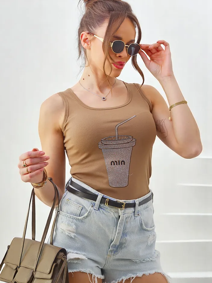 Royalfashion Ženski bombažni top z naramnicami in rhinestone skodelico