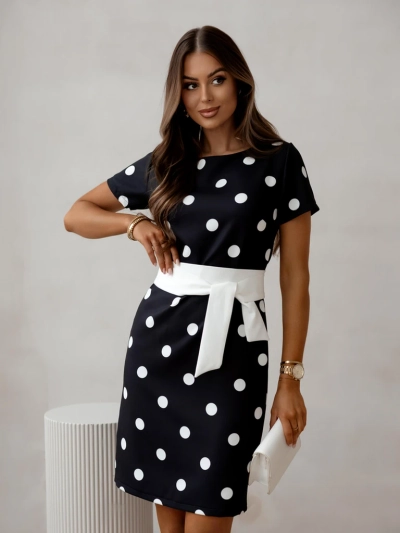 Royalfashion Ženska obleka do kolen s kratkimi rokavi in kravato s pikami