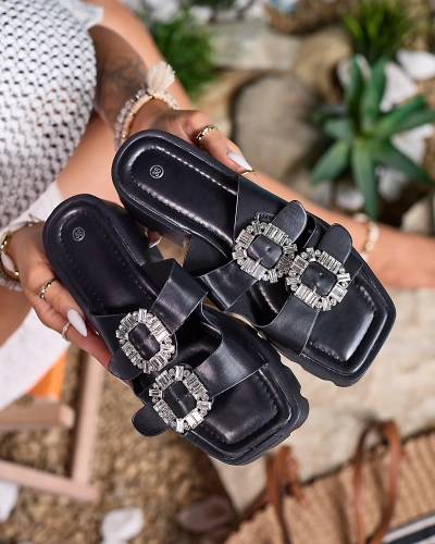 Royalfashion Czarne damskie zdobione klapki na obcasie Tireta