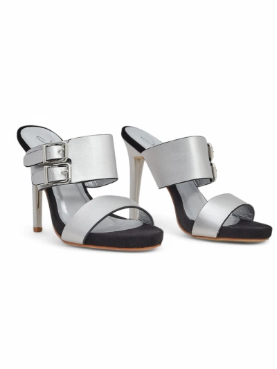 Sandali Aletheia srebrni s stiletto peto 12 cm ekološko usnje z oprijemalnimi trakovi