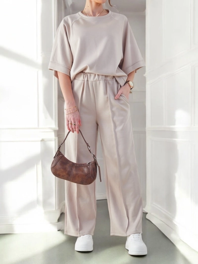 Royalfashion Ženska obleka s kratkimi rokavi in širokimi hlačami