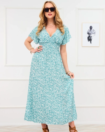 Royalfashion Długa zielona damska sukienka z kwiecistym motywem