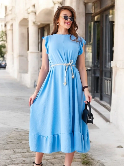 Royalfashion Ženska midi obleka z volančki in kratkimi rokavi